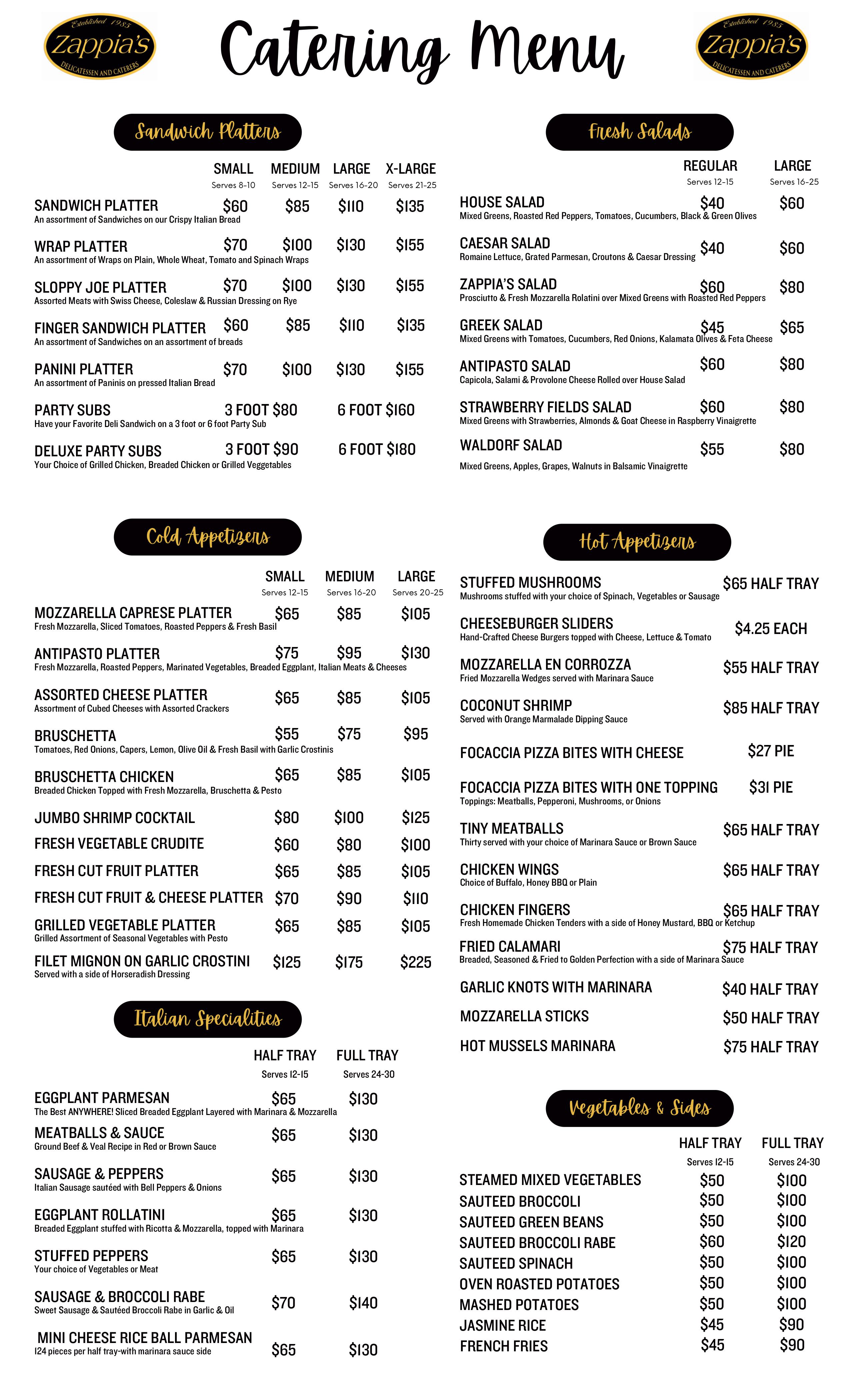 Zappias Catering Menu